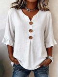 Ruffle button-front blouse in white, front view