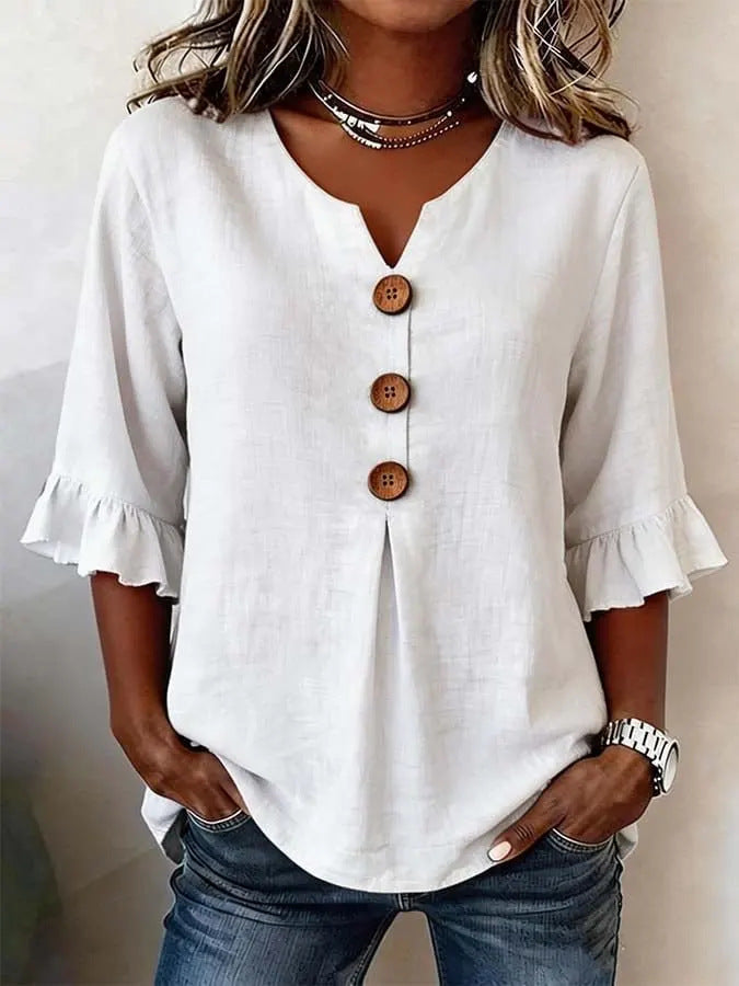 Ruffle button-front blouse in white, front view