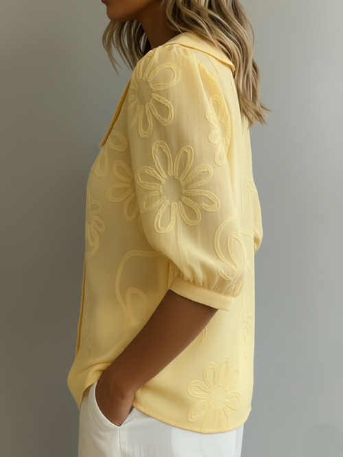 Cotton retro collar summer top in yellow, side view