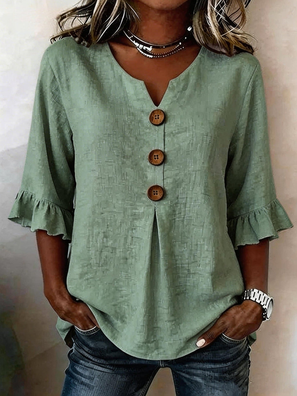 Ruffle button-front blouse in olive green, front view