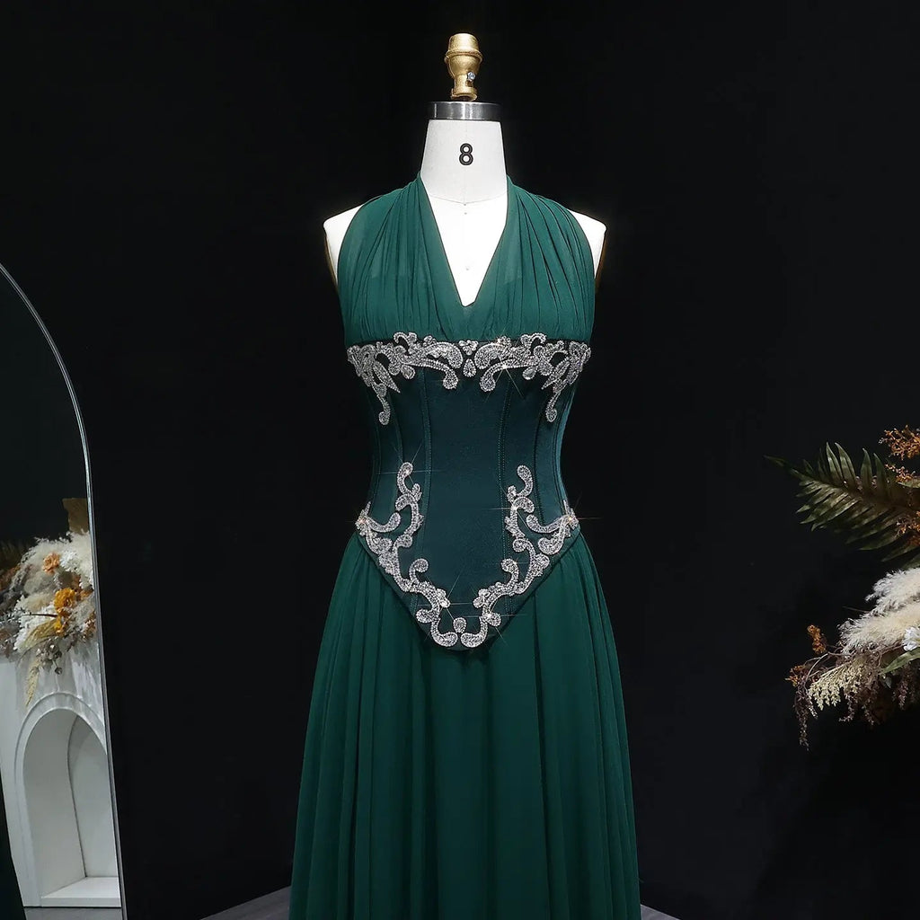 Emerald Green Beaded Embroidered Halter Fitted Prom Dress Back View