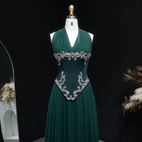 Emerald Green Beaded Embroidered Halter Fitted Prom Dress Back View