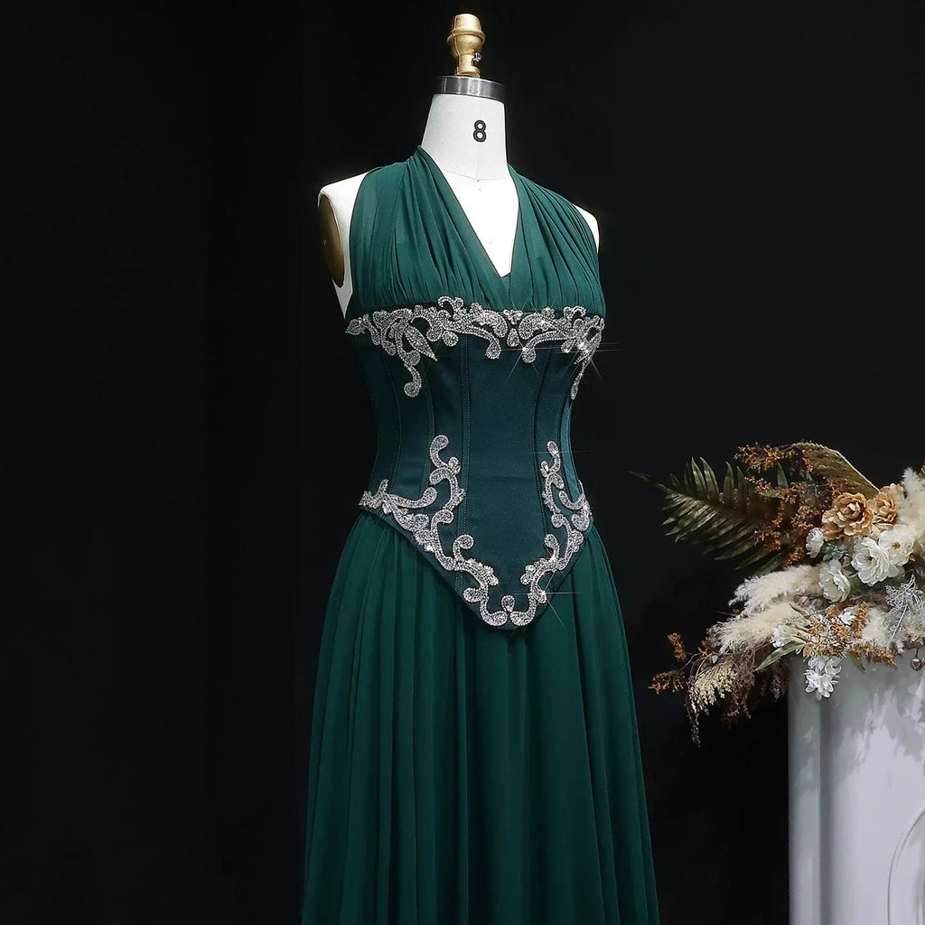Emerald Green Beaded Embroidered Halter Fitted Prom Dress Side View