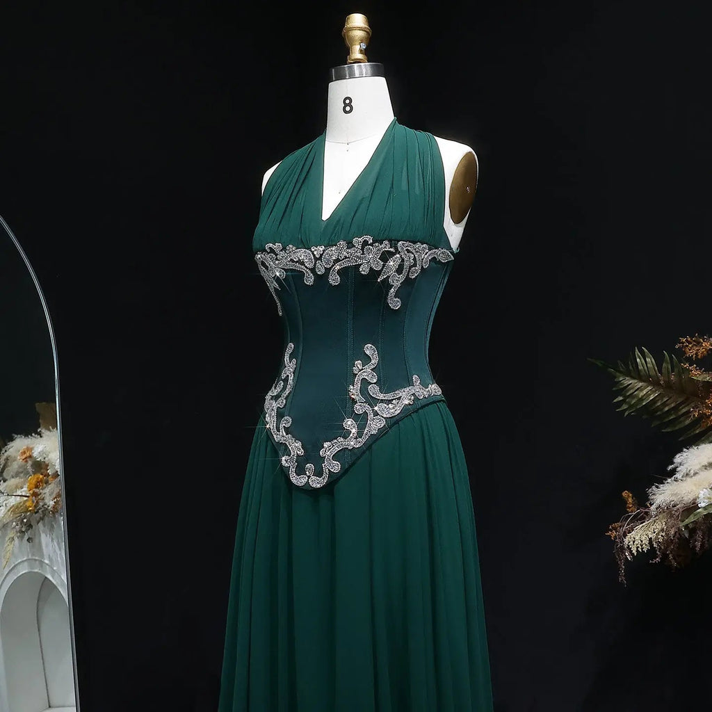 Emerald Green Beaded Embroidered Halter Fitted Prom Dress Detail View