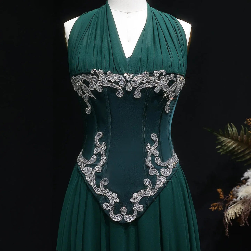 Emerald Green Beaded Embroidered Halter Fitted Prom Dress Full Length View