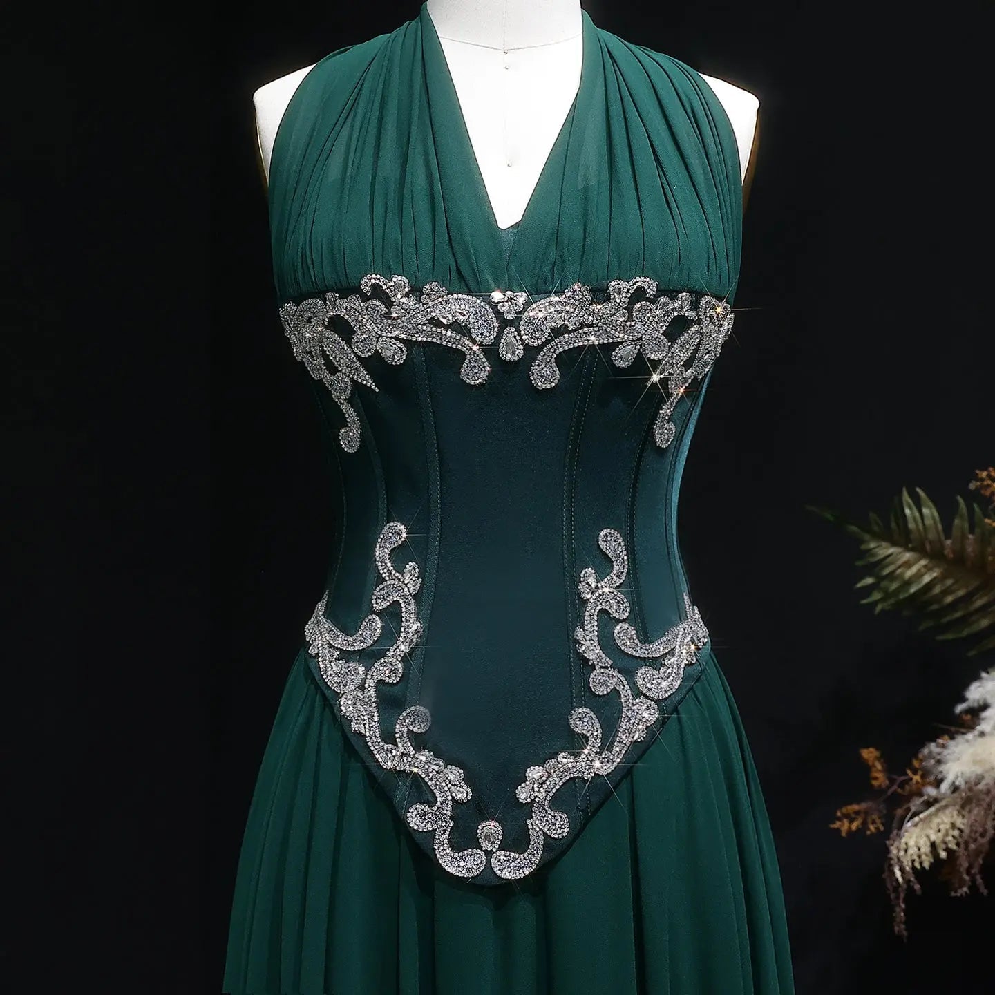 Emerald Green Beaded Embroidered Halter Fitted Prom Dress Full Length View