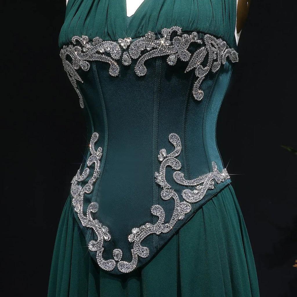 Emerald Green Beaded Embroidered Halter Fitted Prom Dress Close-Up View