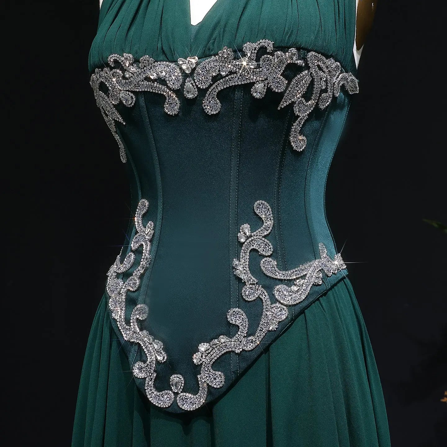 Emerald Green Beaded Embroidered Halter Fitted Prom Dress Close-Up View