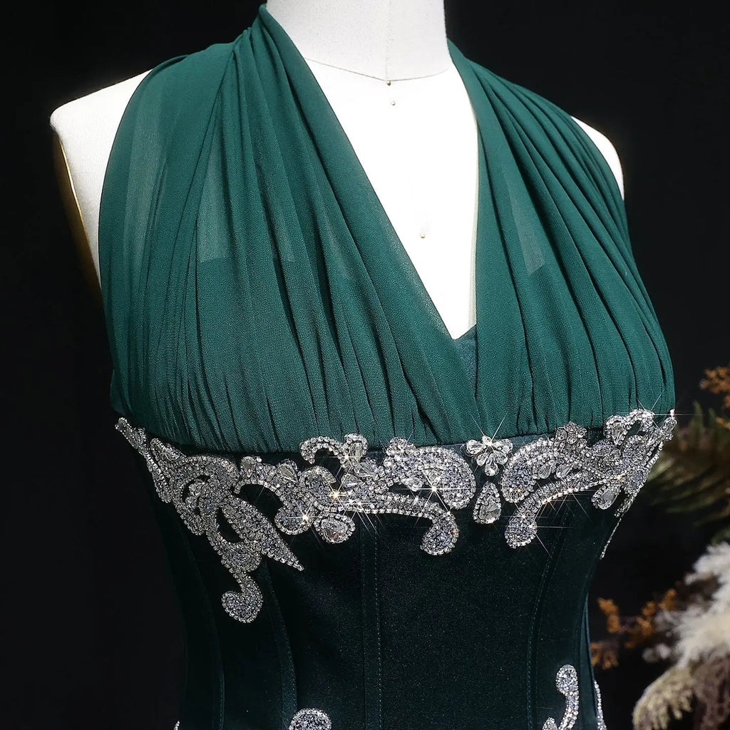Emerald Green Beaded Embroidered Halter Fitted Prom Dress Angle View