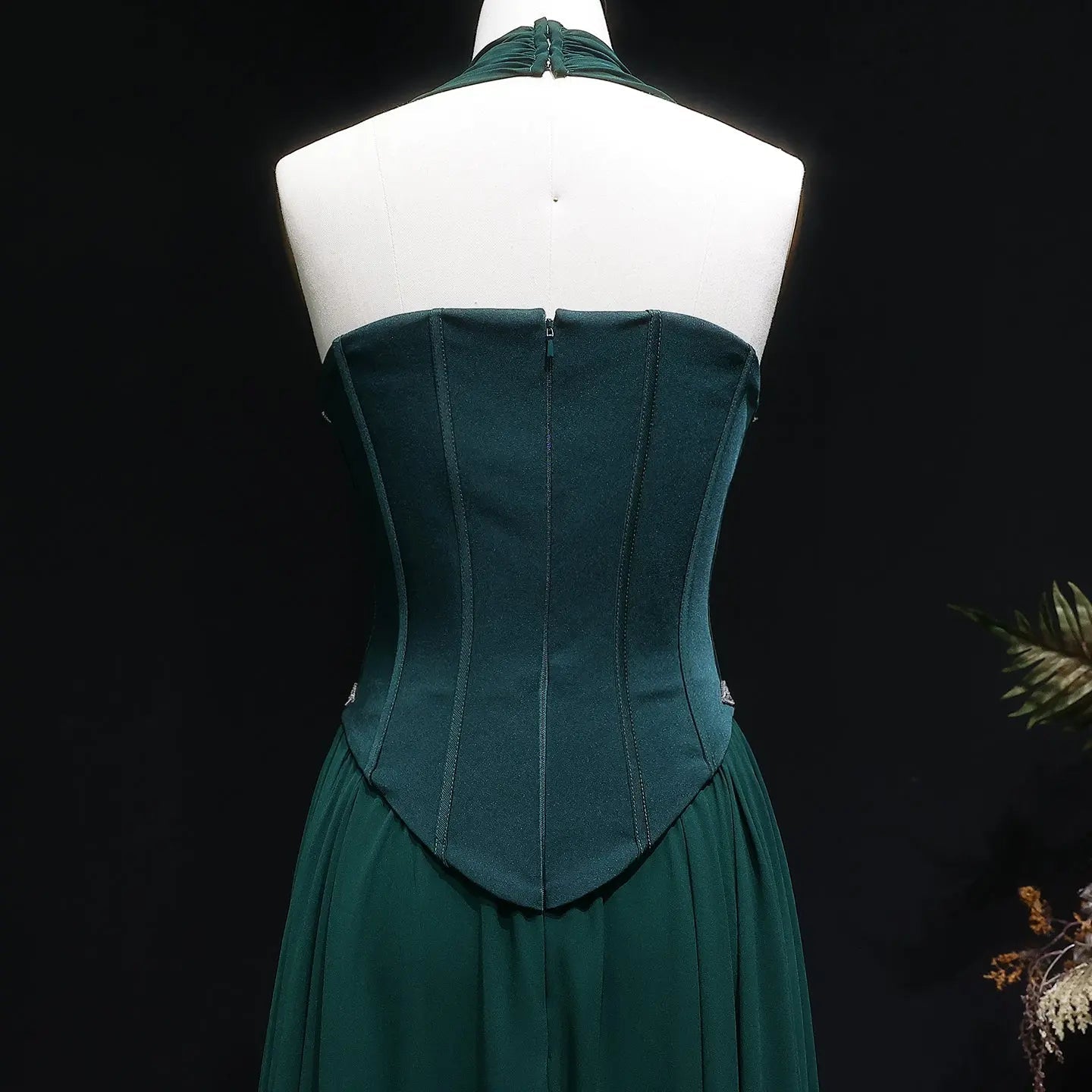 Emerald Green Beaded Embroidered Halter Fitted Prom Dress Skirt Detail