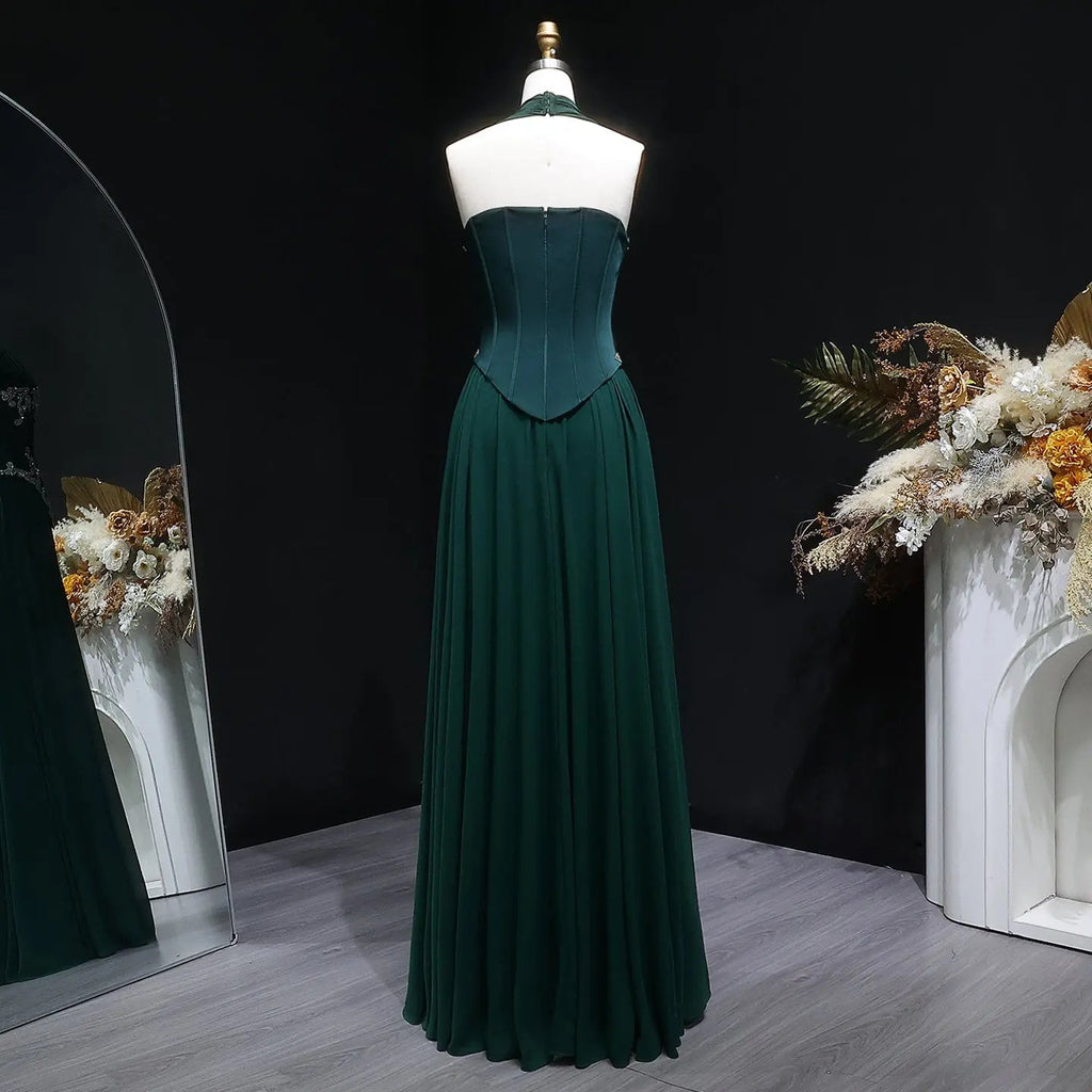 Emerald Green Beaded Embroidered Halter Fitted Prom Dress Fabric Detail