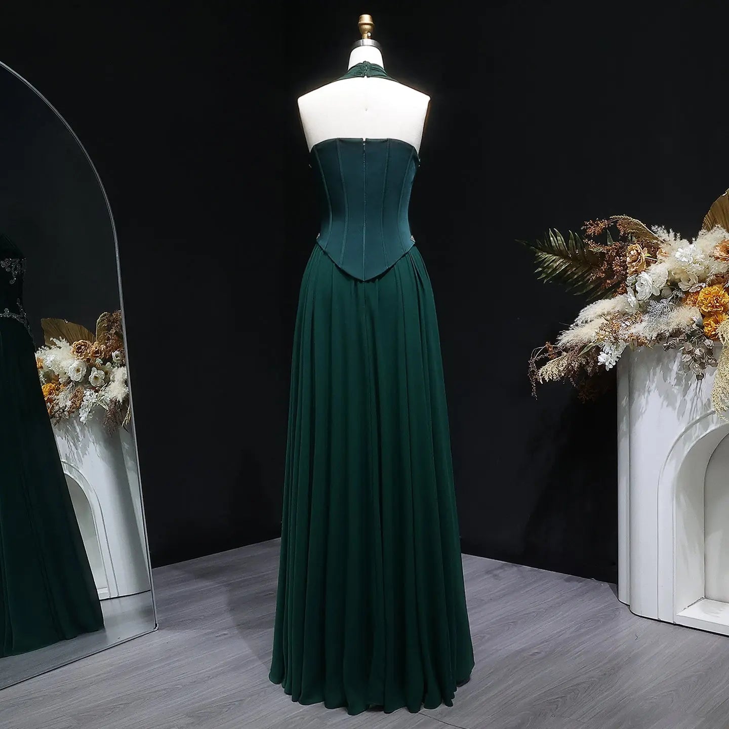 Emerald Green Beaded Embroidered Halter Fitted Prom Dress Fabric Detail