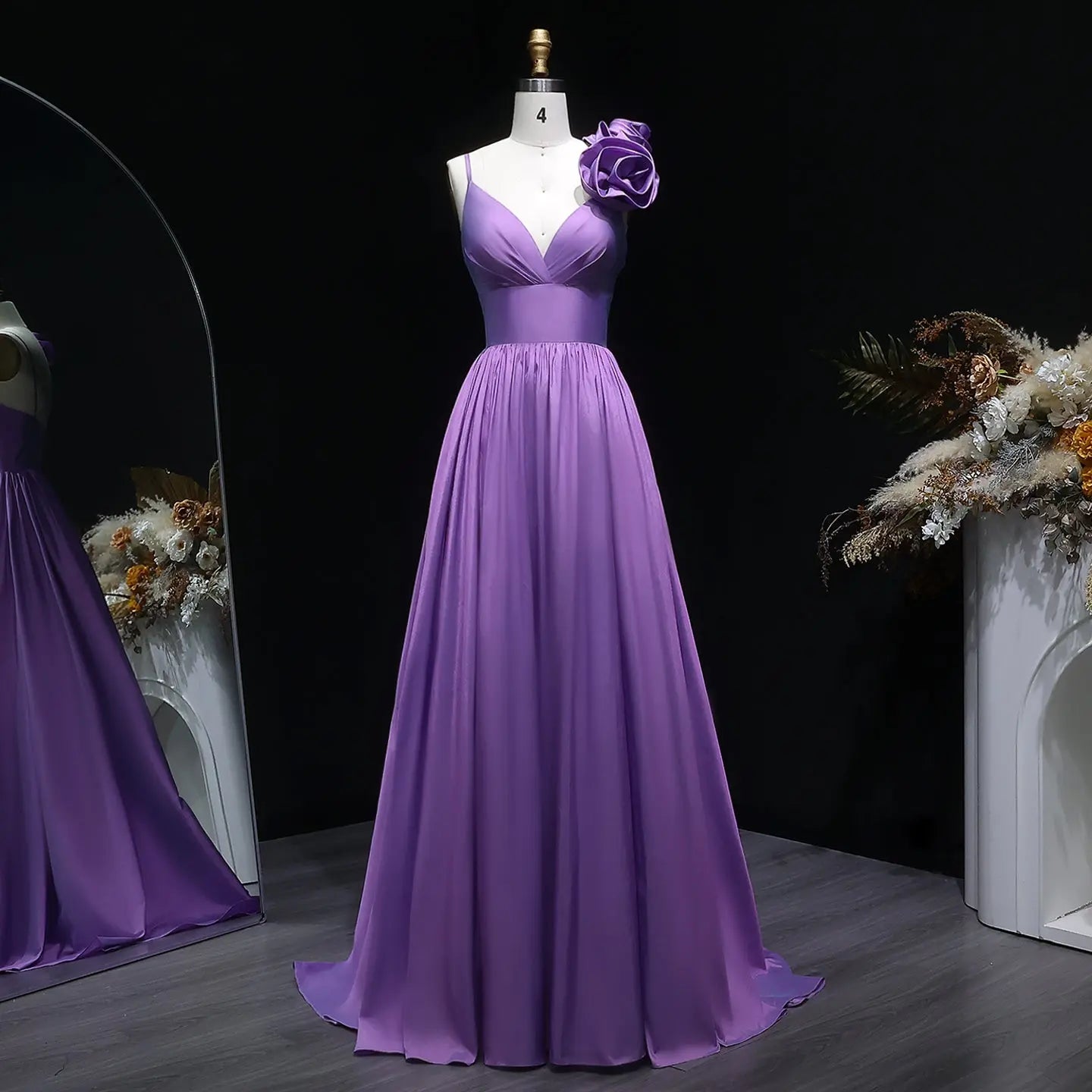 Purple Satin Floral A-Line Prom Dress Front View