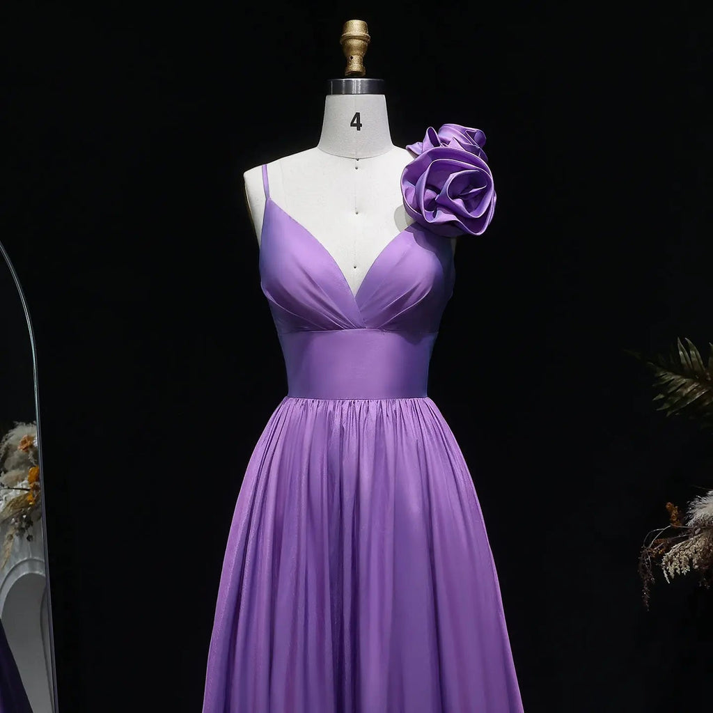 Purple Satin Floral A-Line Prom Dress Side View