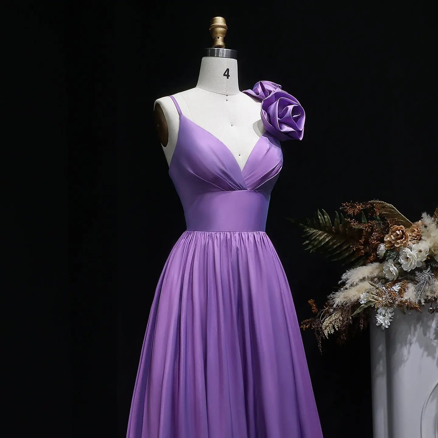 Purple Satin Floral A-Line Prom Dress Detail View