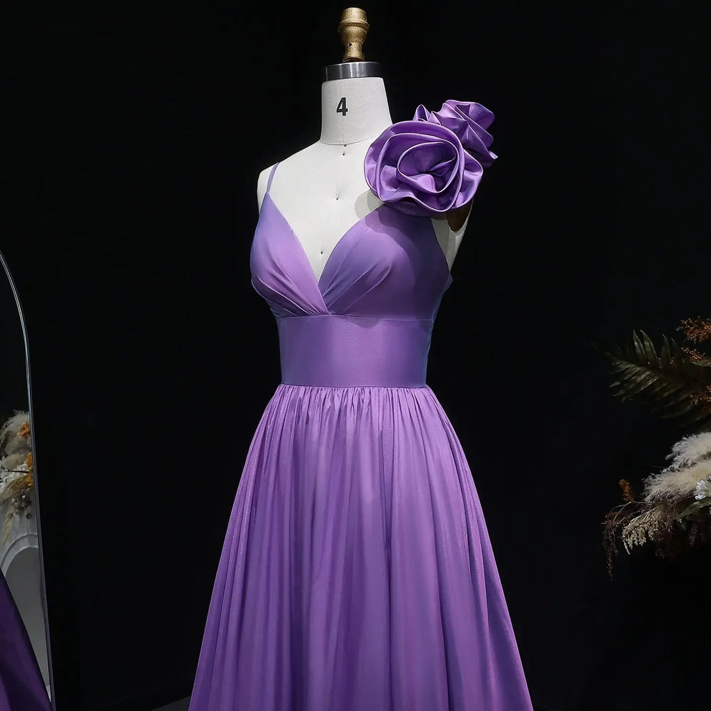 Purple Satin Floral A-Line Prom Dress Back View