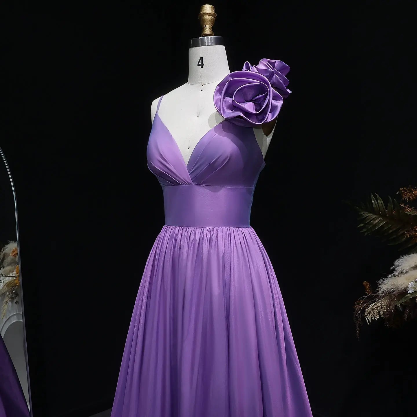 Purple Satin Floral A-Line Prom Dress Back View