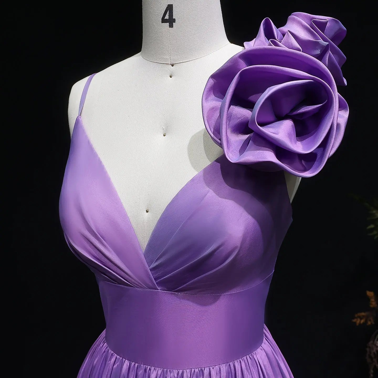 Purple Satin Floral A-Line Prom Dress Full Length View
