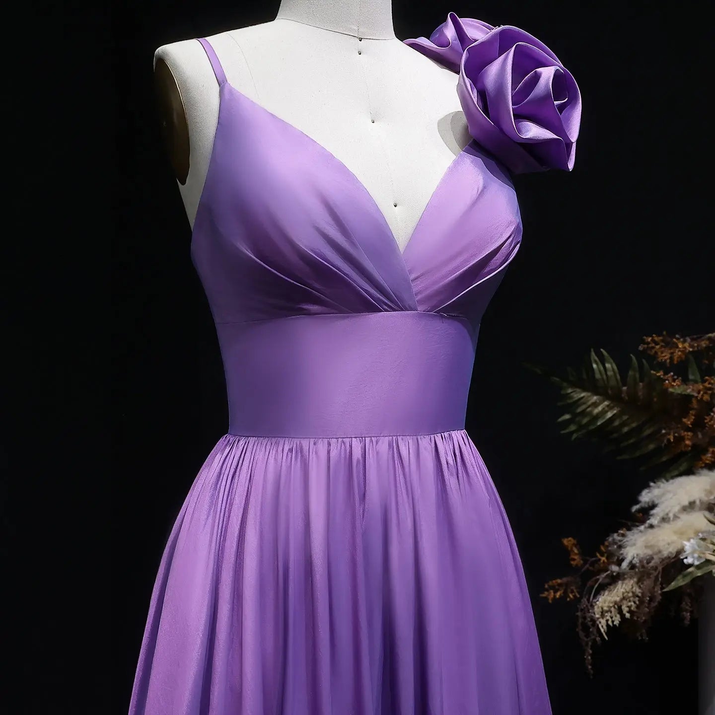 Purple Satin Floral A-Line Prom Dress Close-Up View