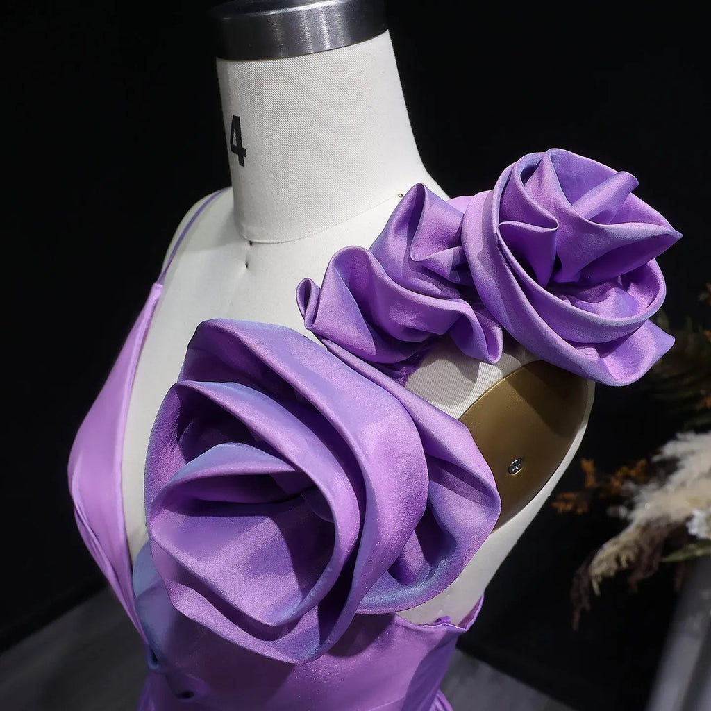 Purple Satin Floral A-Line Prom Dress Styling View