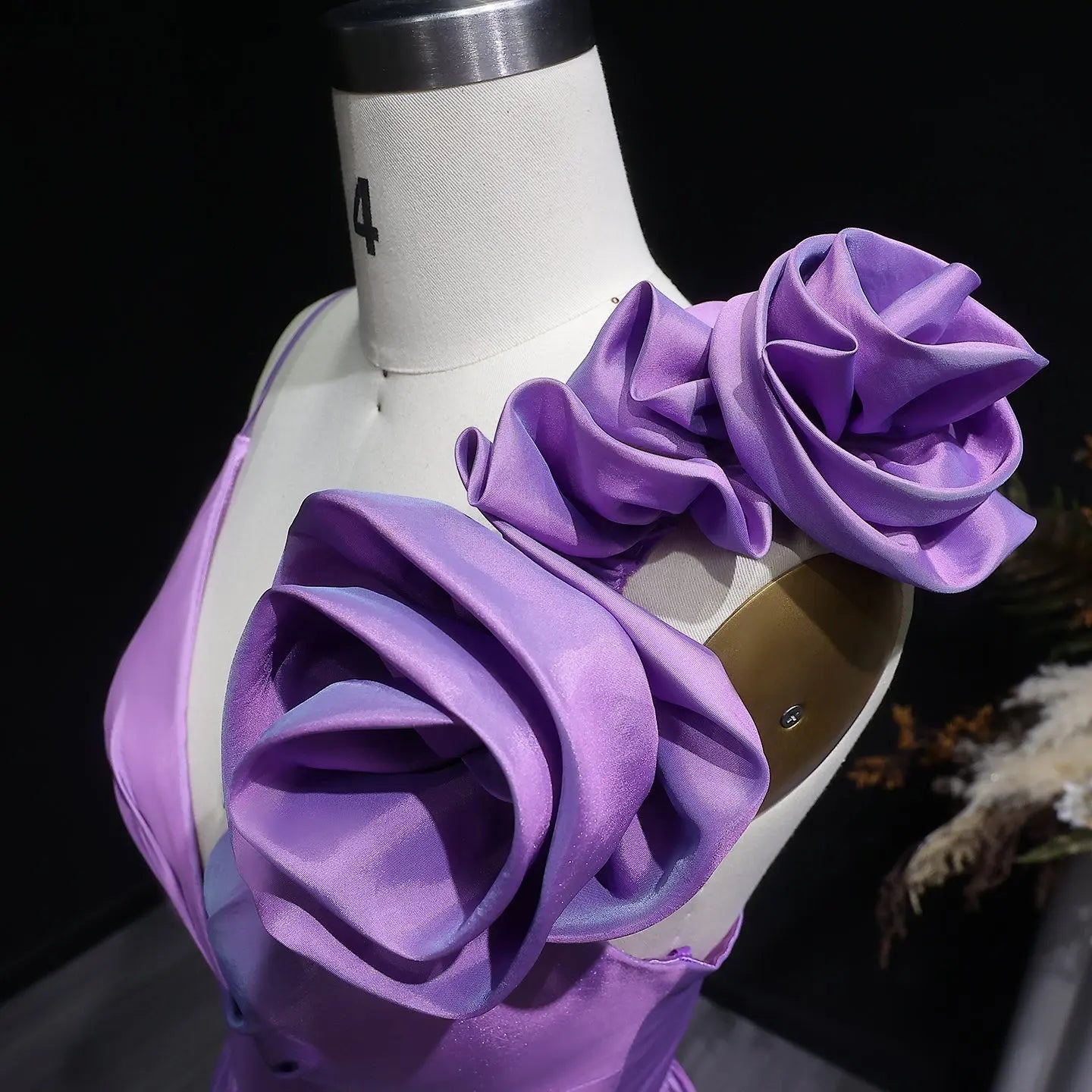 Purple Satin Floral A-Line Prom Dress Styling View