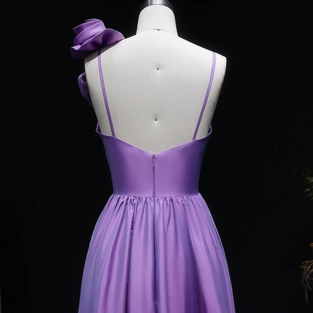 Purple Satin Floral A-Line Prom Dress Fabric Detail
