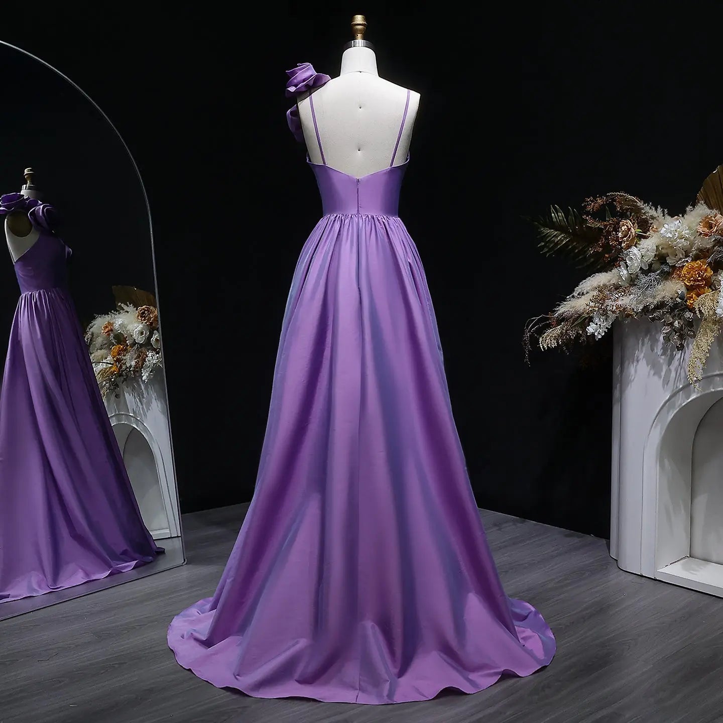 Purple Satin Floral A-Line Prom Dress Full View