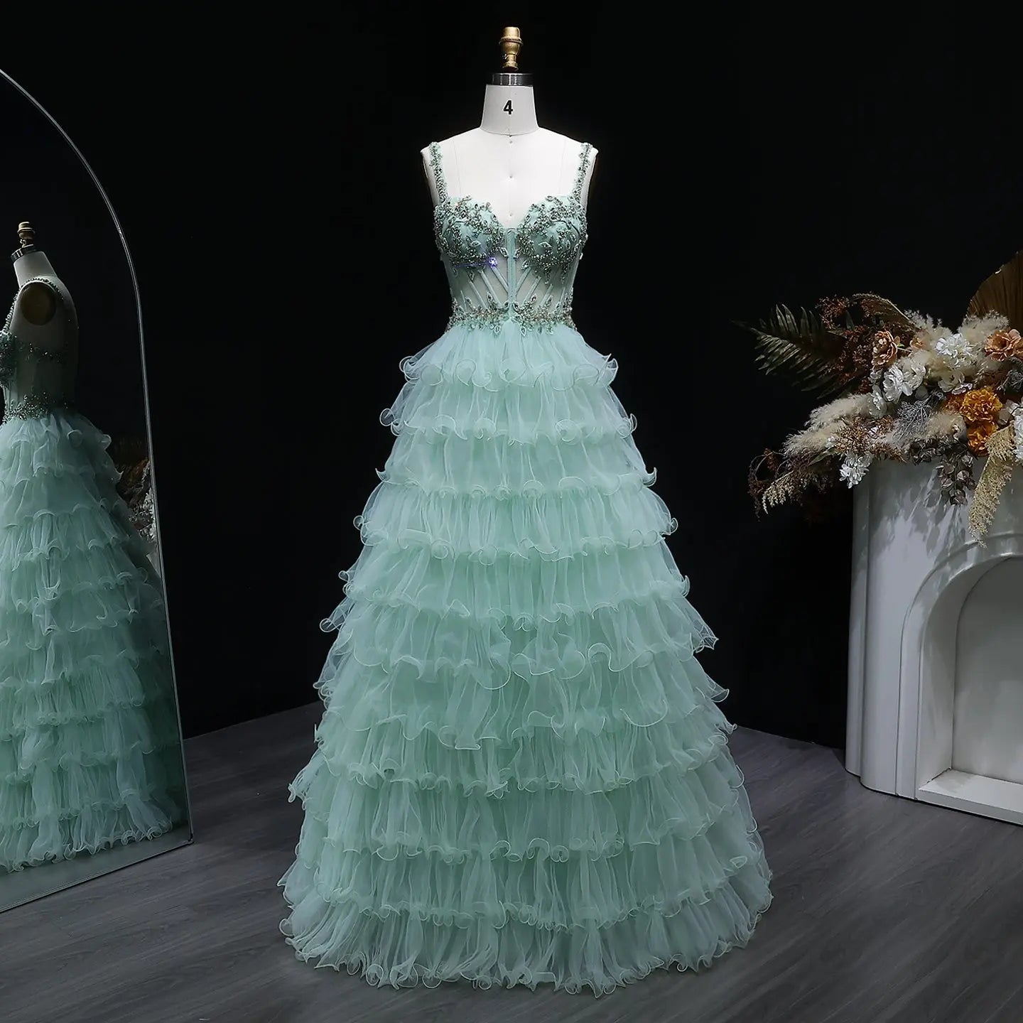 Sage Green Crystal Embroidered Tiered A-Line Prom Dress Front View
