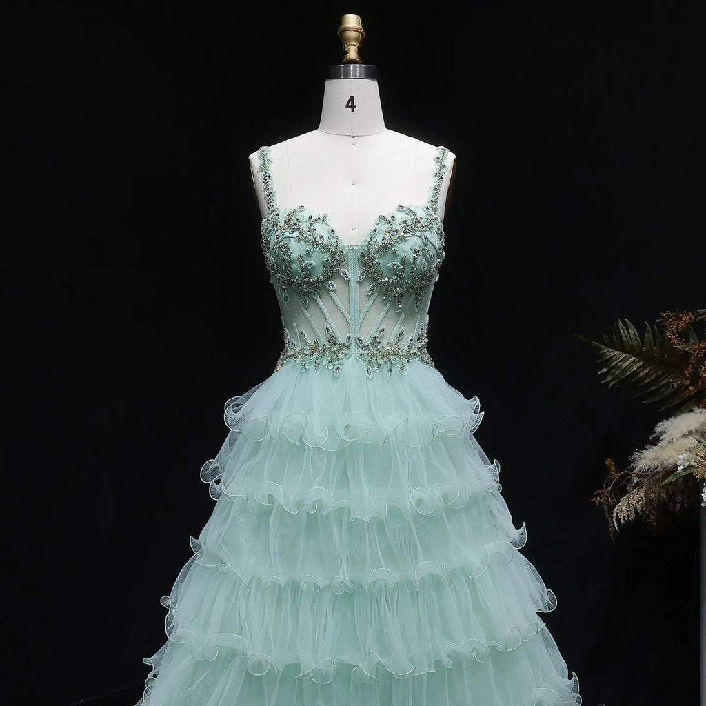 Sage Green Crystal Embroidered Tiered A-Line Prom Dress Back View
