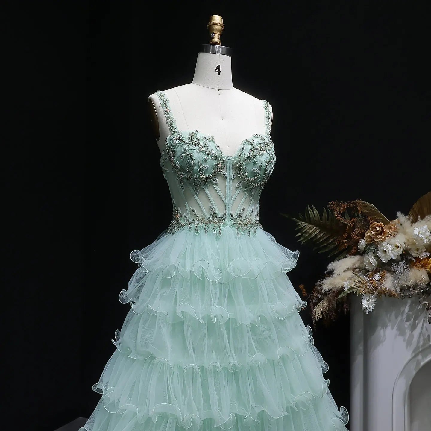 Sage Green Crystal Embroidered Tiered A-Line Prom Dress Side View