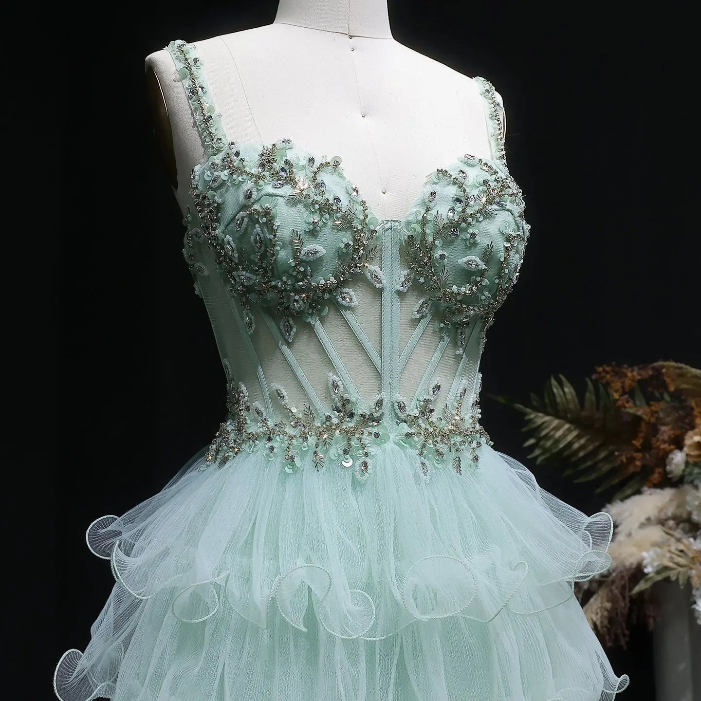 Sage Green Crystal Embroidered Tiered A-Line Prom Dress Detail View