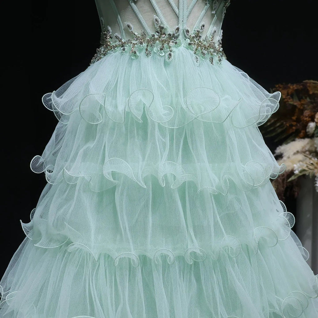 Sage Green Crystal Embroidered Tiered A-Line Prom Dress Full Length View