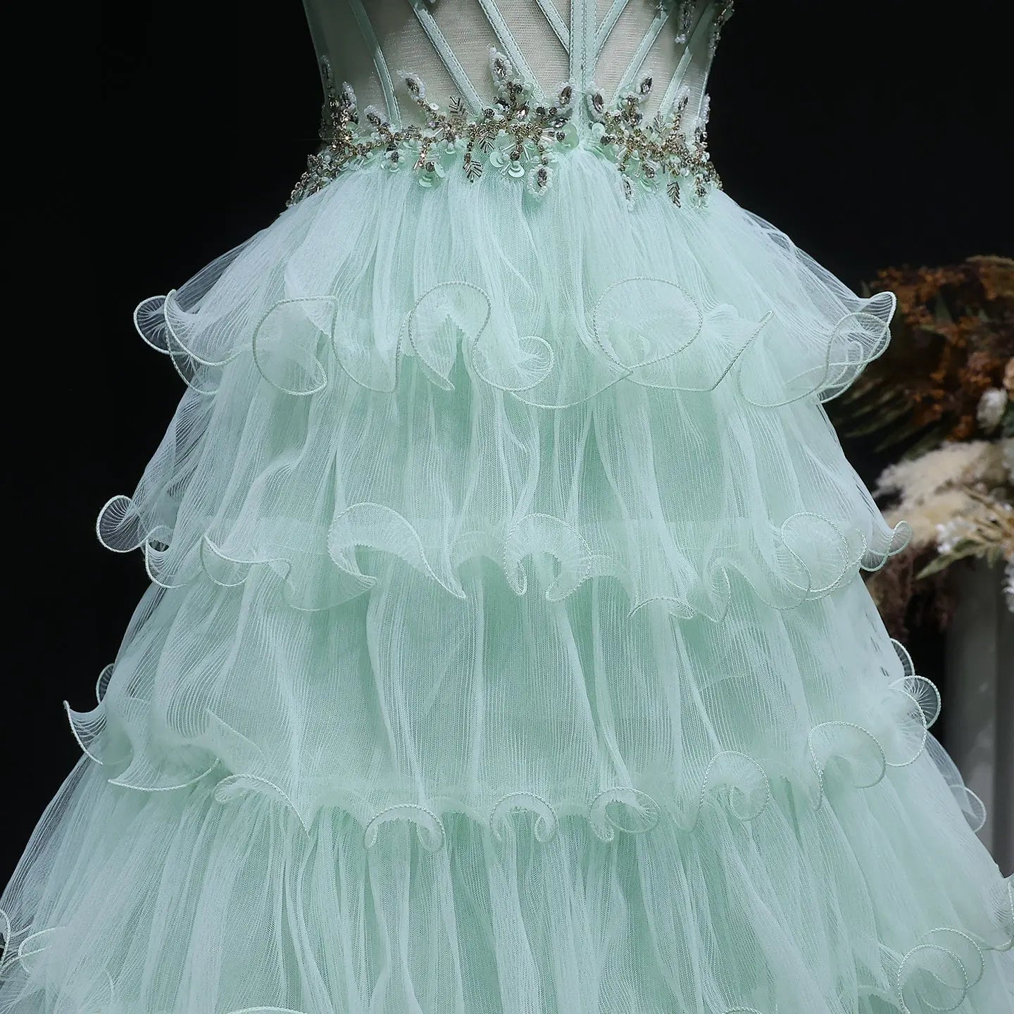 Sage Green Crystal Embroidered Tiered A-Line Prom Dress Full Length View