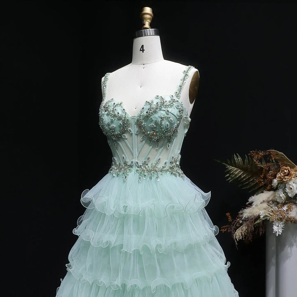 Sage Green Crystal Embroidered Tiered A-Line Prom Dress Close-Up View