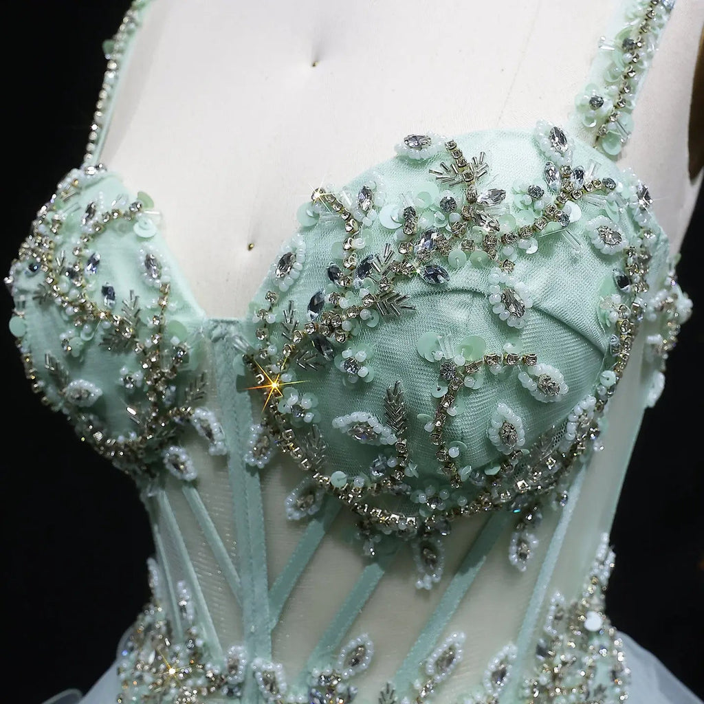 Sage Green Crystal Embroidered Tiered A-Line Prom Dress Angle View