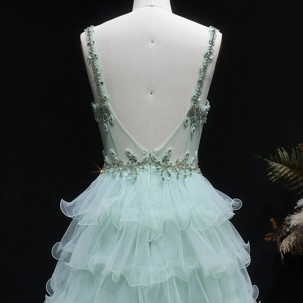 Sage Green Crystal Embroidered Tiered A-Line Prom Dress Neckline Detail