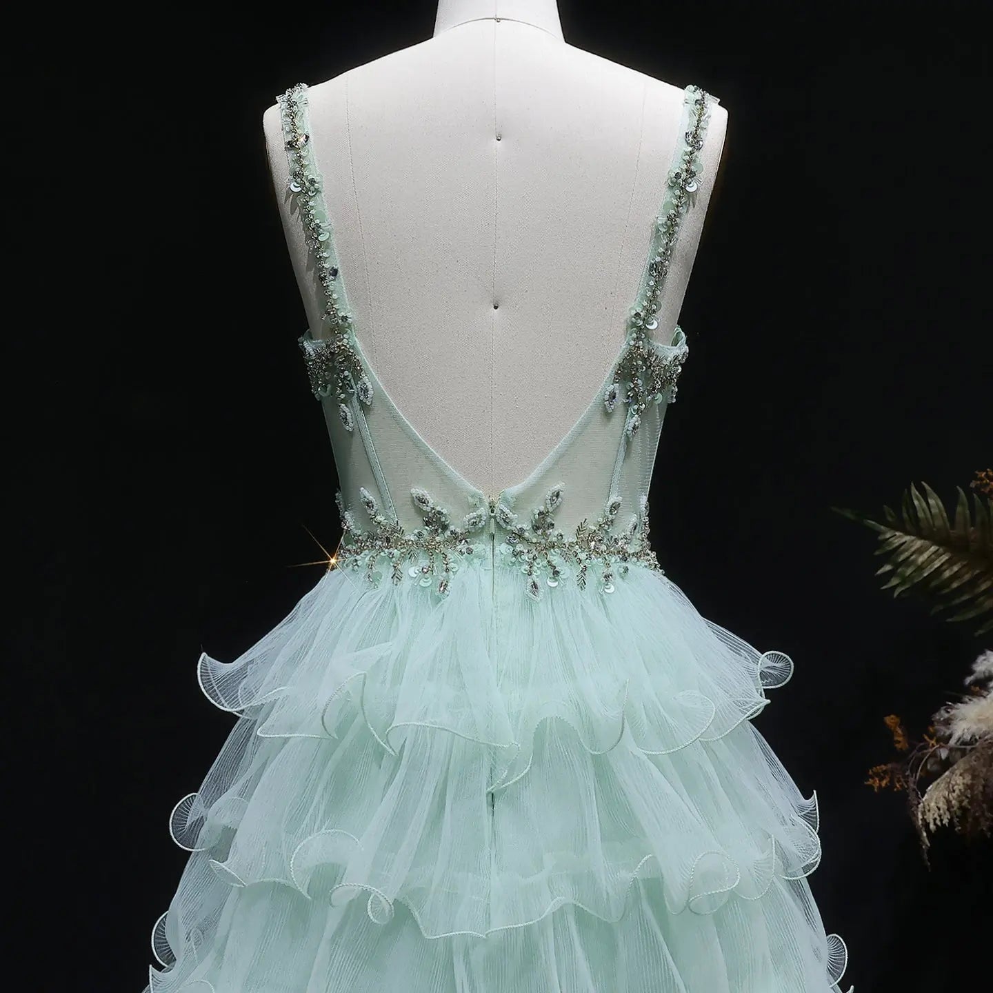 Sage Green Crystal Embroidered Tiered A-Line Prom Dress Neckline Detail