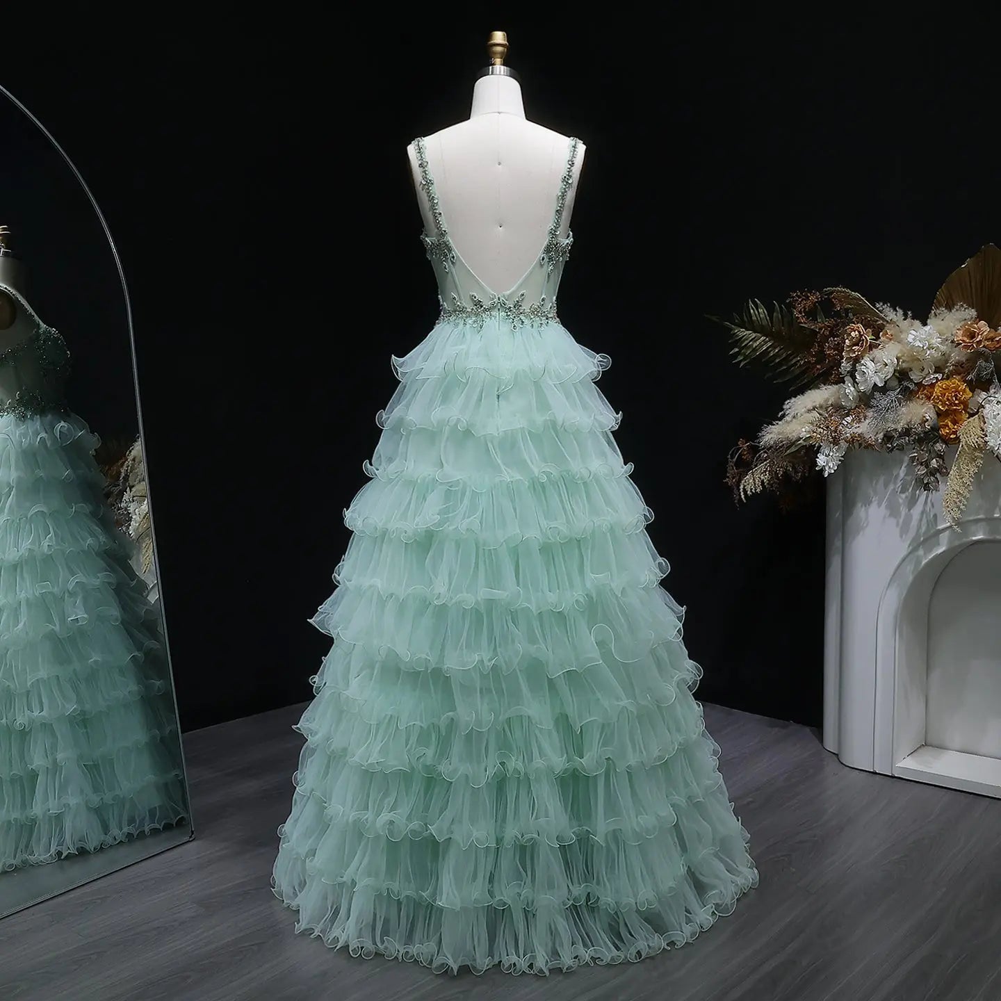 Sage Green Crystal Embroidered Tiered A-Line Prom Dress Skirt Detail