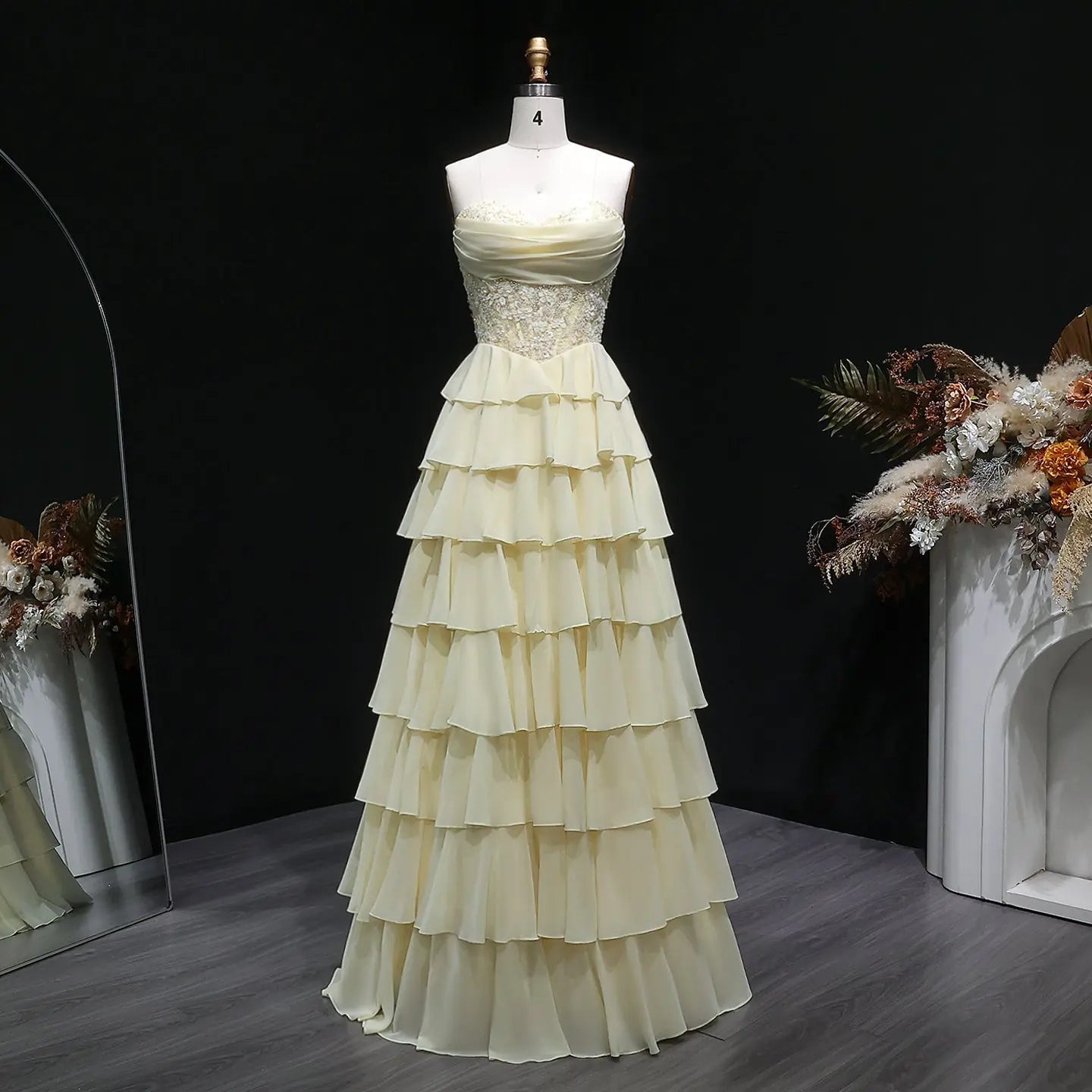 Yellow Sequin Beaded Sweetheart A-Line Prom Dress Front View