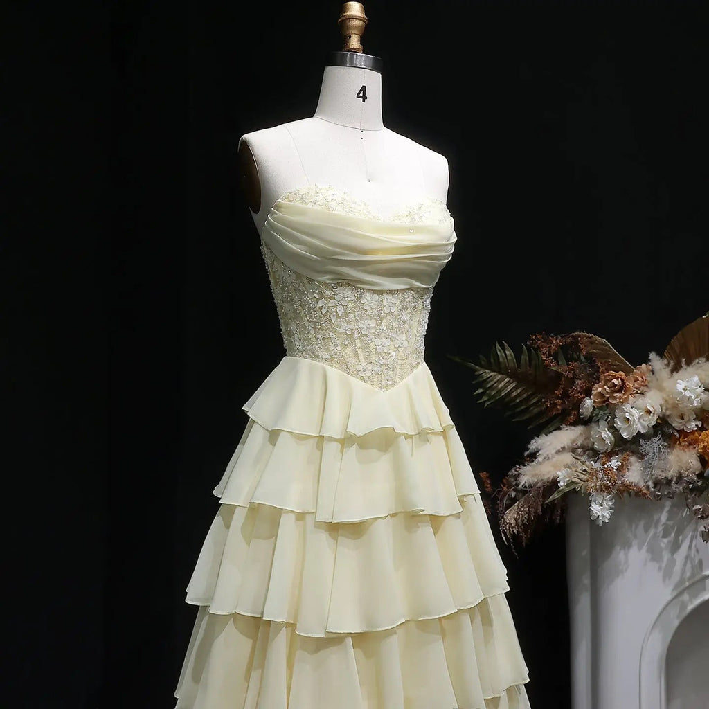 Yellow Sequin Beaded Sweetheart A-Line Prom Dress Side View