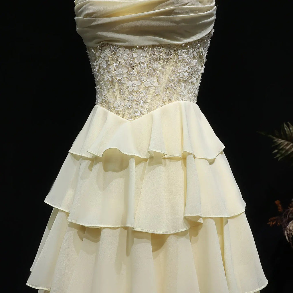 Yellow Sequin Beaded Sweetheart A-Line Prom Dress Full Length View