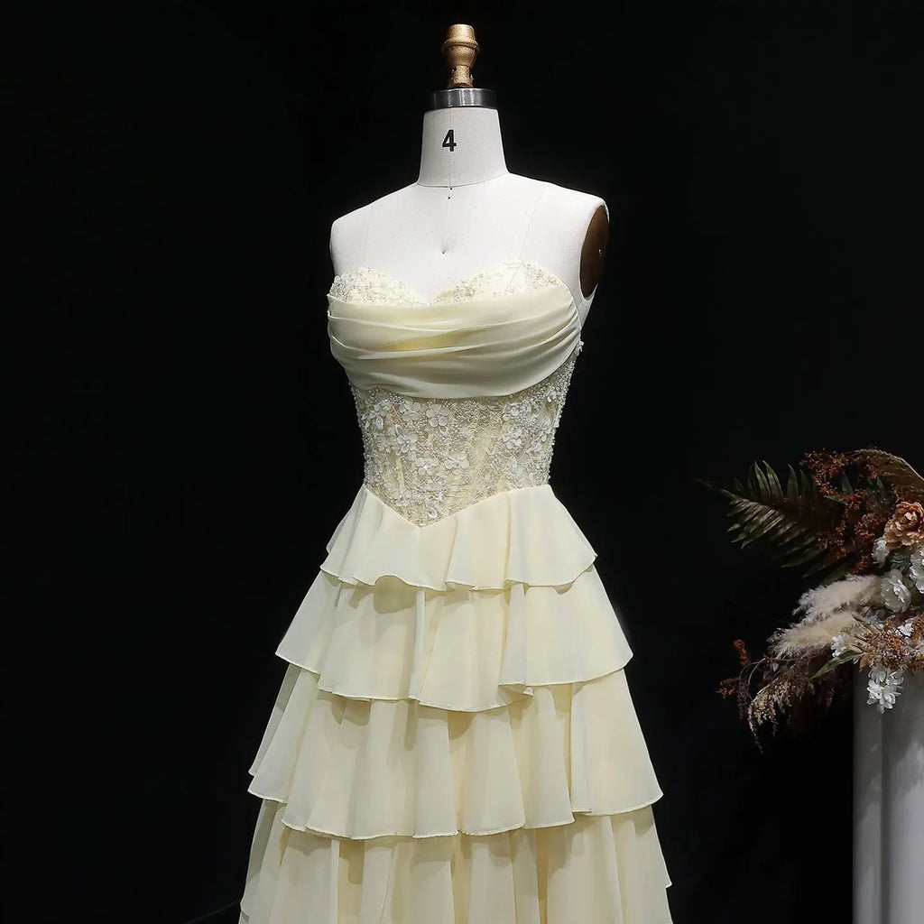 Yellow Sequin Beaded Sweetheart A-Line Prom Dress Close-Up View