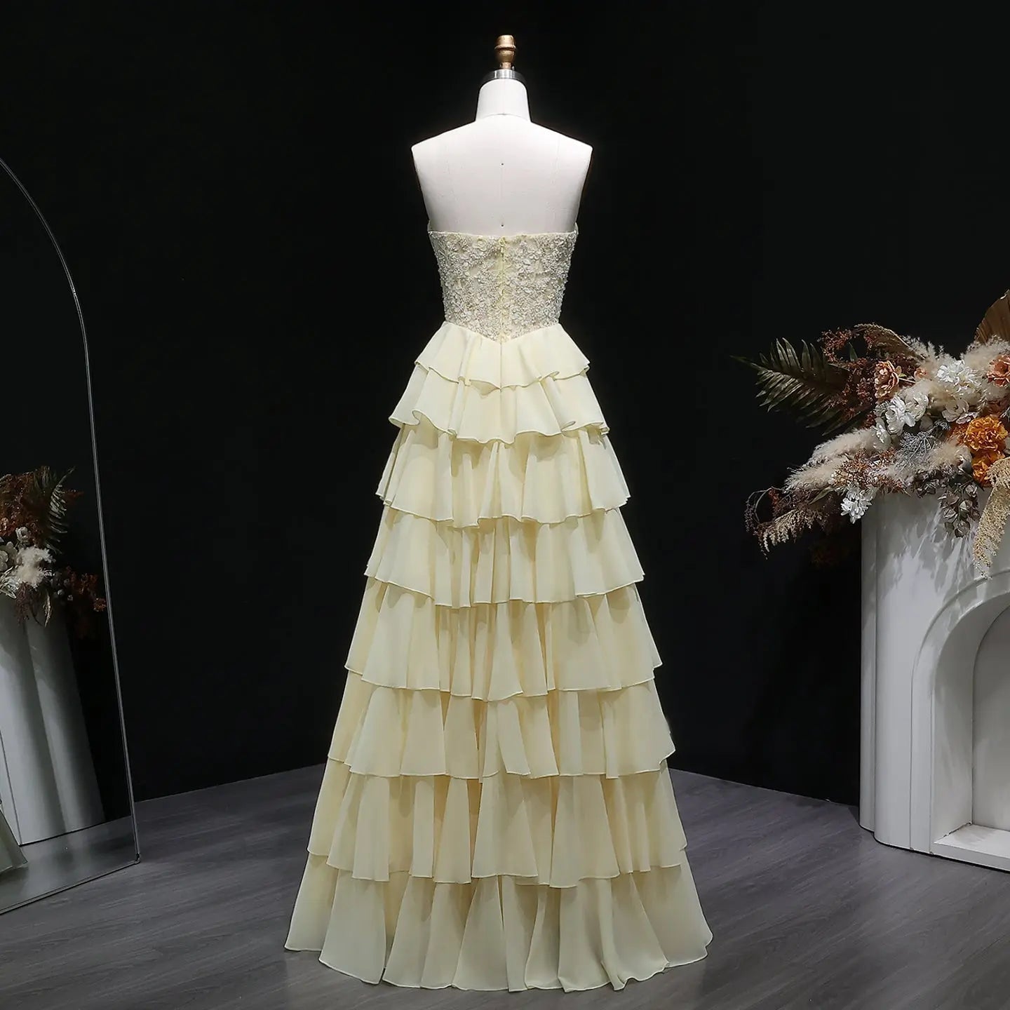 Yellow Sequin Beaded Sweetheart A-Line Prom Dress Neckline Detail