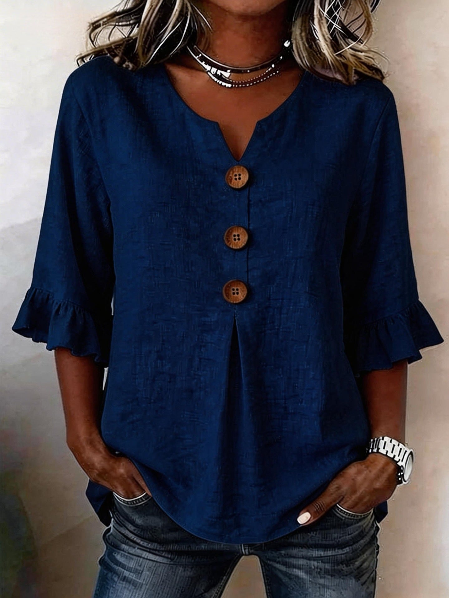 Ruffle button-front blouse in dark blue, front view