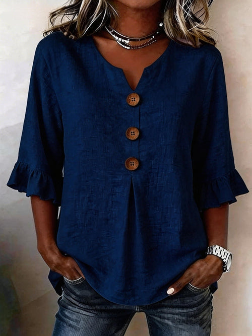Ruffle button-front blouse in dark blue, front view