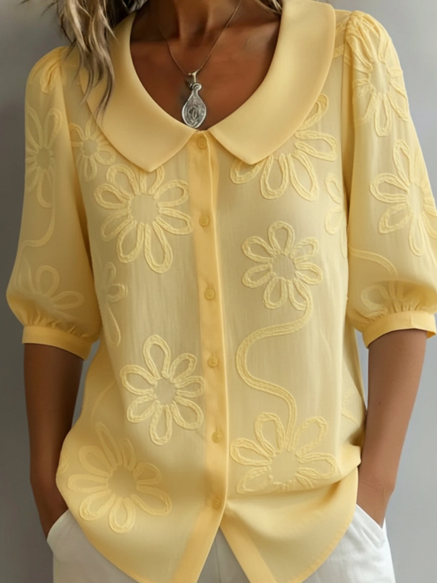 Cotton retro collar summer top in yellow, lifestyle view