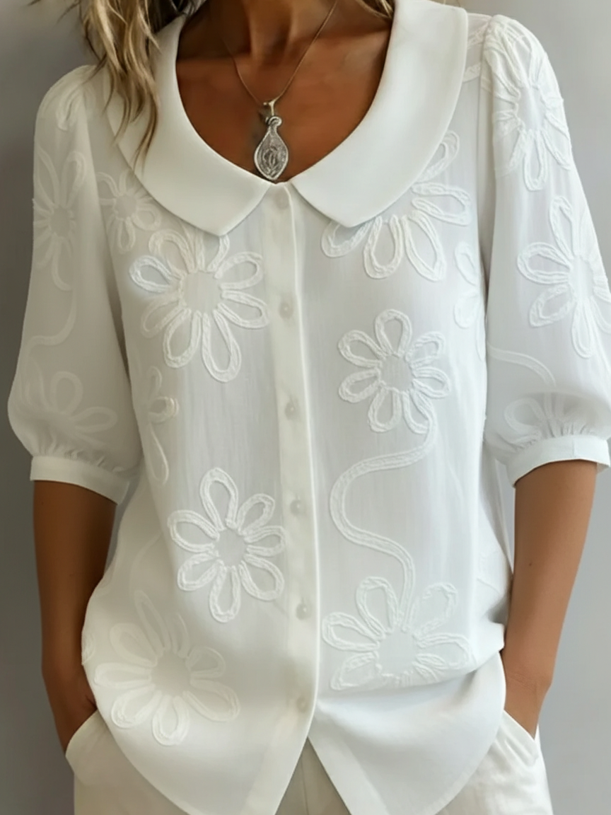 Cotton retro collar summer top in white, front view