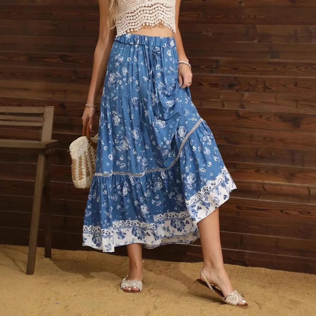 Boho tiered maxi skirt showing cascading tiers and floral print