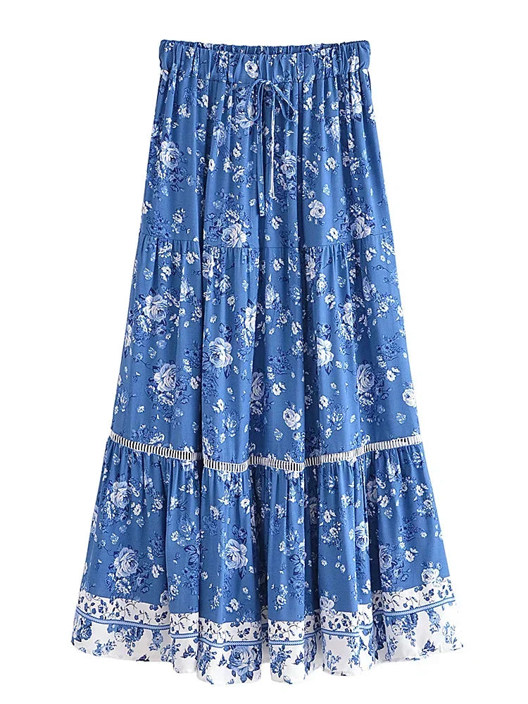 Floral tiered boho maxi skirt worn view, casual summer styling