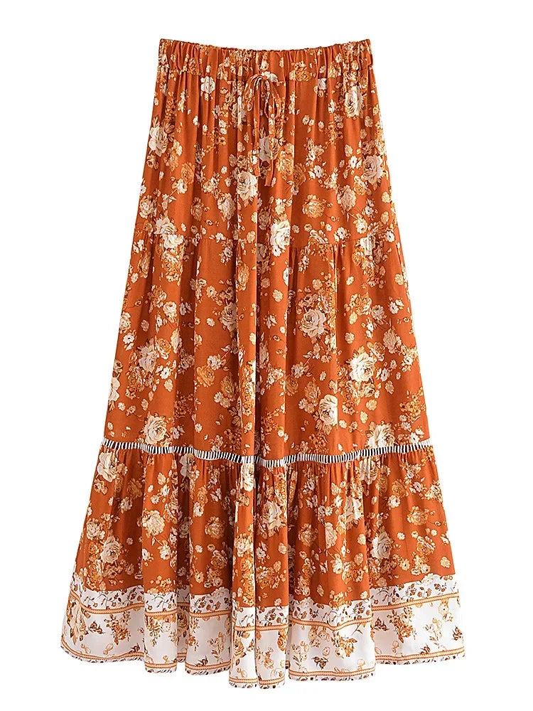 Floral tiered boho maxi skirt in red, flowing front view